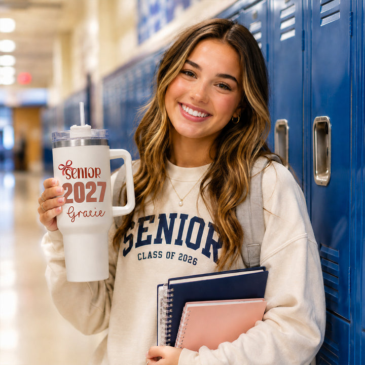 Personalized Senior 2027 40oz Stainless Steel Insulated Tumbler with Custom Name &amp; Class Year Handle Travel Mug Back to School Graduation Gift for Senior Class of 2027