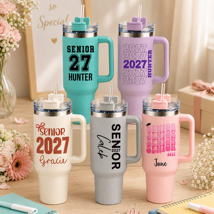 Personalized Senior 2027 40oz Stainless Steel Insulated Tumbler with Custom Name &amp; Class Year Handle Travel Mug Back to School Graduation Gift for Senior Class of 2027