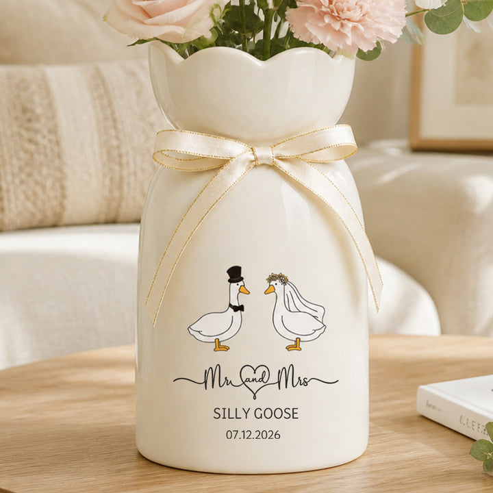 Personalized Silly Goose Wedding Flower Vase Custom Name Newlyweds Housewarming Gift Cute Couple Home Decor