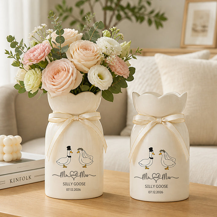 Personalized Silly Goose Wedding Flower Vase Custom Name Newlyweds Housewarming Gift Cute Couple Home Decor