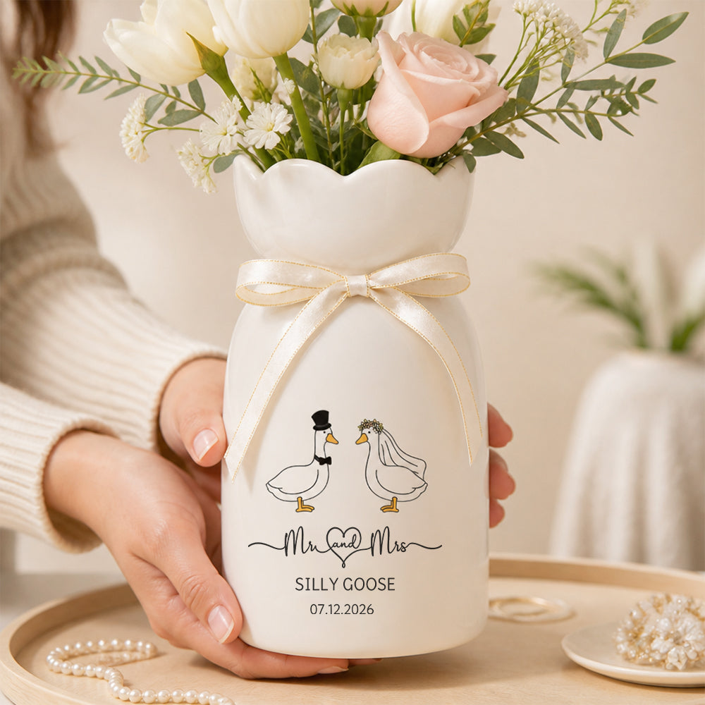 Personalized Silly Goose Wedding Flower Vase Custom Name Newlyweds Housewarming Gift Cute Couple Home Decor