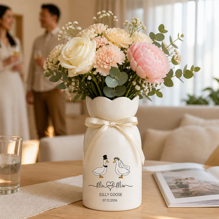 Personalized Silly Goose Wedding Flower Vase Custom Name Newlyweds Housewarming Gift Cute Couple Home Decor