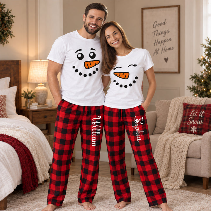 Personalized Snowman Couples Christmas Pajama Set Custom Matching Holiday Sleepwear with Names Cozy Christmas Gift for Couples