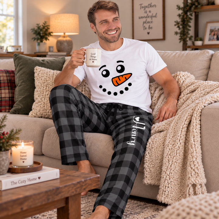 Personalized Snowman Couples Christmas Pajama Set Custom Matching Holiday Sleepwear with Names Cozy Christmas Gift for Couples