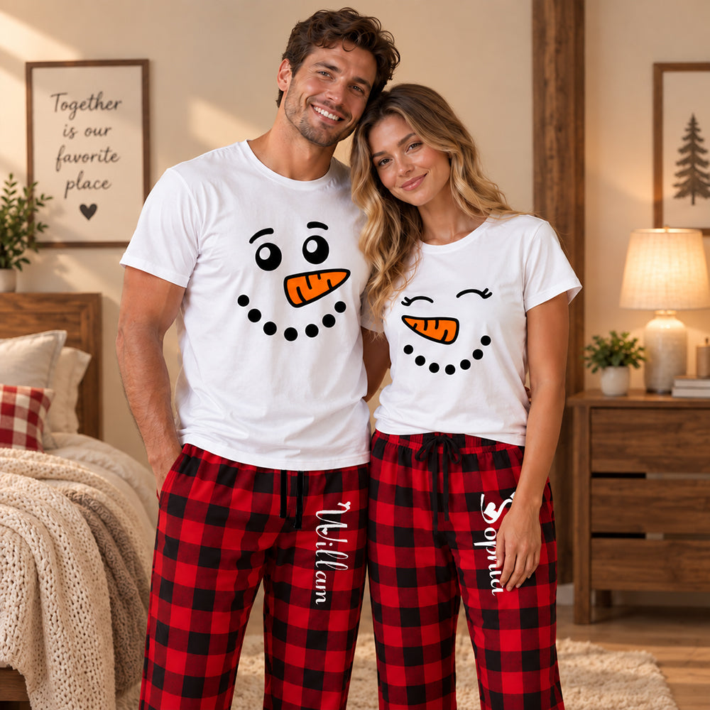 Personalized Snowman Couples Christmas Pajama Set Custom Matching Holiday Sleepwear with Names Cozy Christmas Gift for Couples