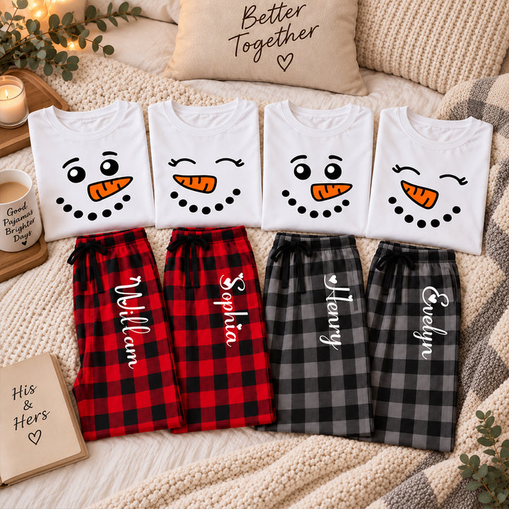 Personalized Snowman Couples Christmas Pajama Set Custom Matching Holiday Sleepwear with Names Cozy Christmas Gift for Couples