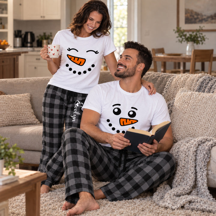Personalized Snowman Couples Christmas Pajama Set Custom Matching Holiday Sleepwear with Names Cozy Christmas Gift for Couples