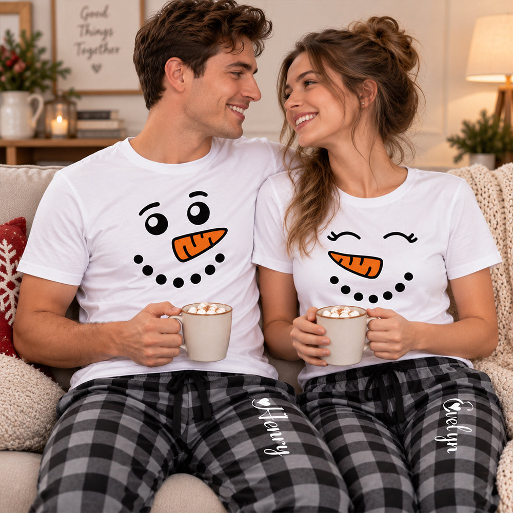 Personalized Snowman Couples Christmas Pajama Set Custom Matching Holiday Sleepwear with Names Cozy Christmas Gift for Couples