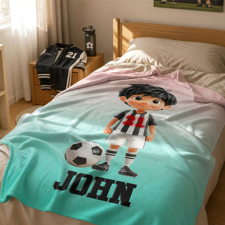 Personalized Soccer Cartoon Kid Soft Flannel Blanket with Name and Number Birthday Gift for Boys and Girls Soccer Lovers