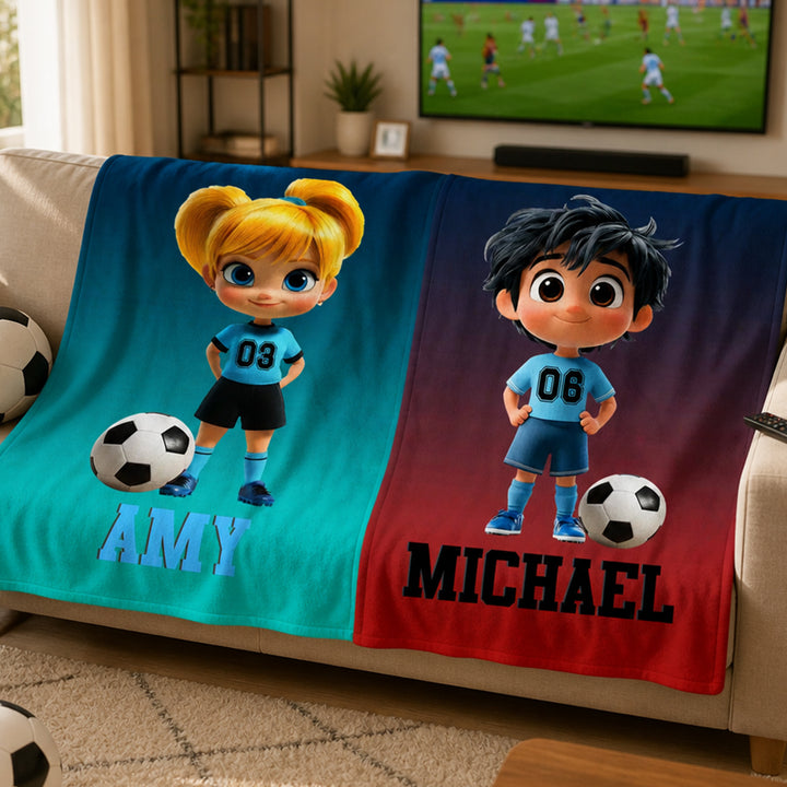 Personalized Soccer Cartoon Kid Soft Flannel Blanket with Name and Number Birthday Gift for Boys and Girls Soccer Lovers