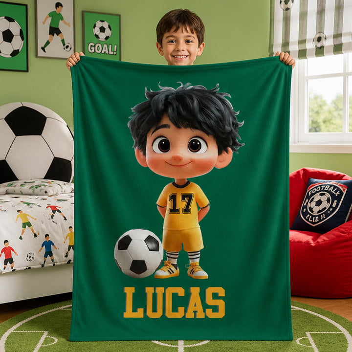 Personalized Soccer Cartoon Kid Soft Flannel Blanket with Name and Number Birthday Gift for Boys and Girls Soccer Lovers