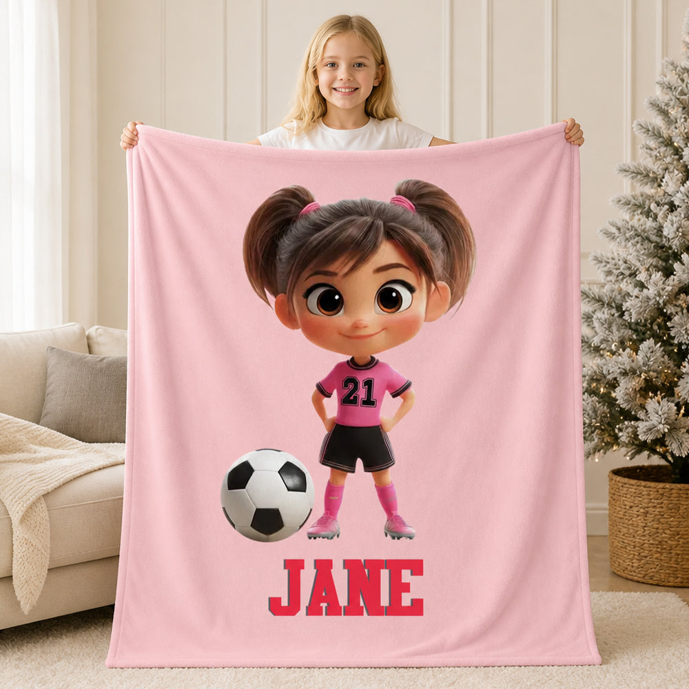 Personalized Soccer Cartoon Kid Soft Flannel Blanket with Name and Number Birthday Gift for Boys and Girls Soccer Lovers