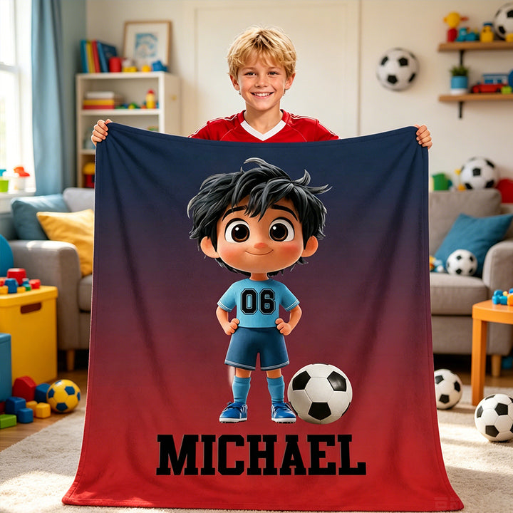 Personalized Soccer Cartoon Kid Soft Flannel Blanket with Name and Number Birthday Gift for Boys and Girls Soccer Lovers