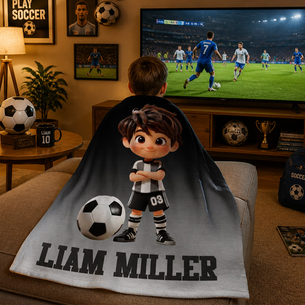 Personalized Soccer Cartoon Kid Soft Flannel Blanket with Name and Number Birthday Gift for Boys and Girls Soccer Lovers