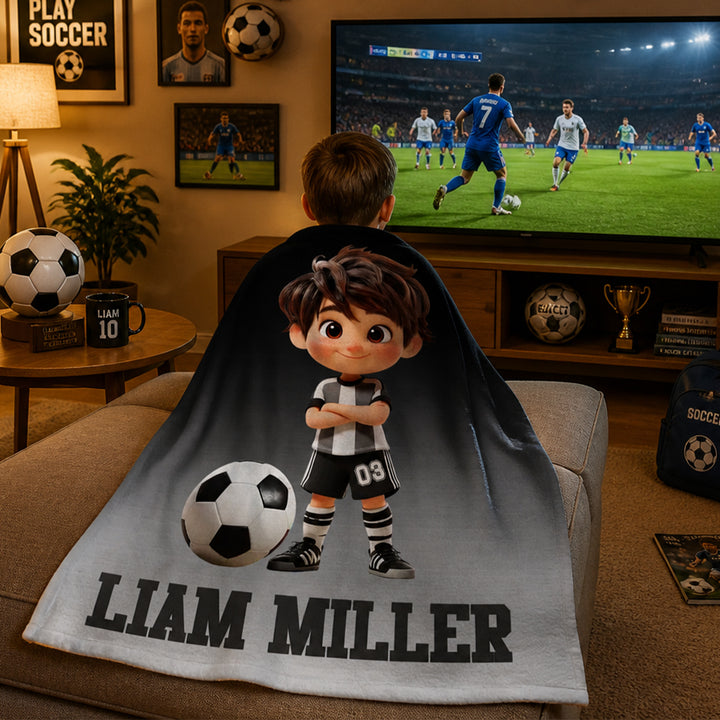 Personalized Soccer Cartoon Kid Soft Flannel Blanket with Name and Number Birthday Gift for Boys and Girls Soccer Lovers