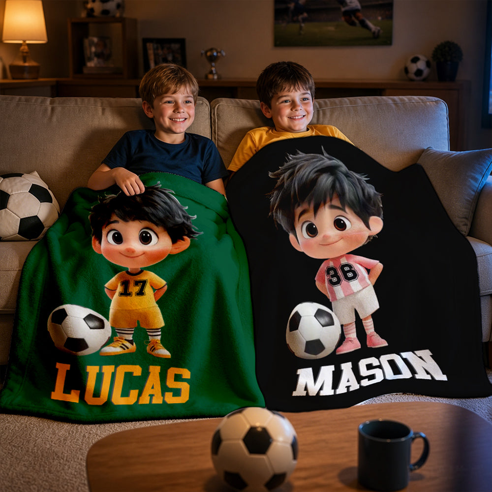 Personalized Soccer Cartoon Kid Soft Flannel Blanket with Name and Number Birthday Gift for Boys and Girls Soccer Lovers