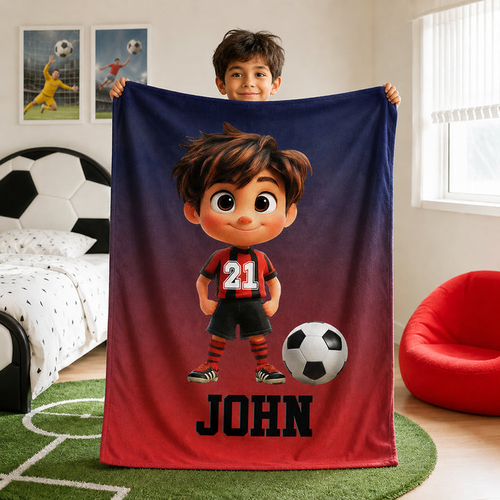 Personalized Soccer Cartoon Kid Soft Flannel Blanket with Name and Number Birthday Gift for Boys and Girls Soccer Lovers