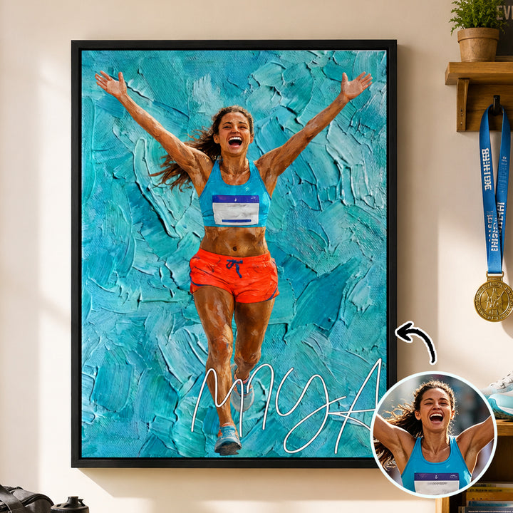 Personalized Sports Moment Oil Painted Canvas Print Custom Photo with Name Athletic Artwork Home Decor Gift for Sports Lovers Birthday Team Keepsake