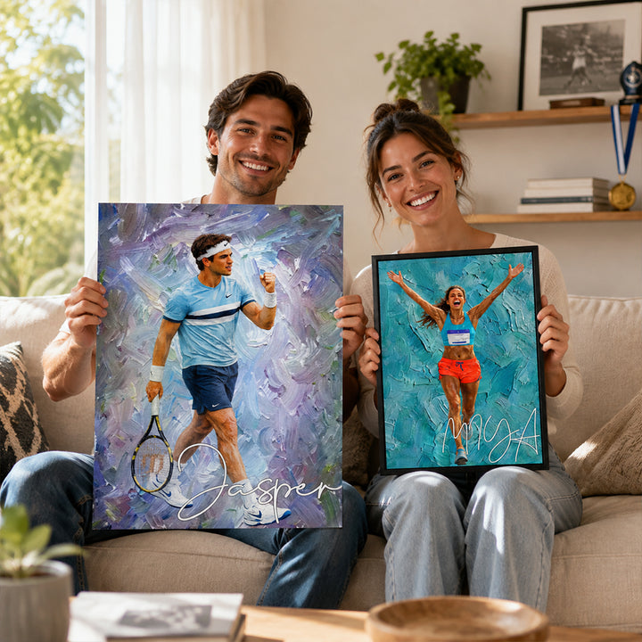 Personalized Sports Moment Oil Painted Canvas Print Custom Photo with Name Athletic Artwork Home Decor Gift for Sports Lovers Birthday Team Keepsake