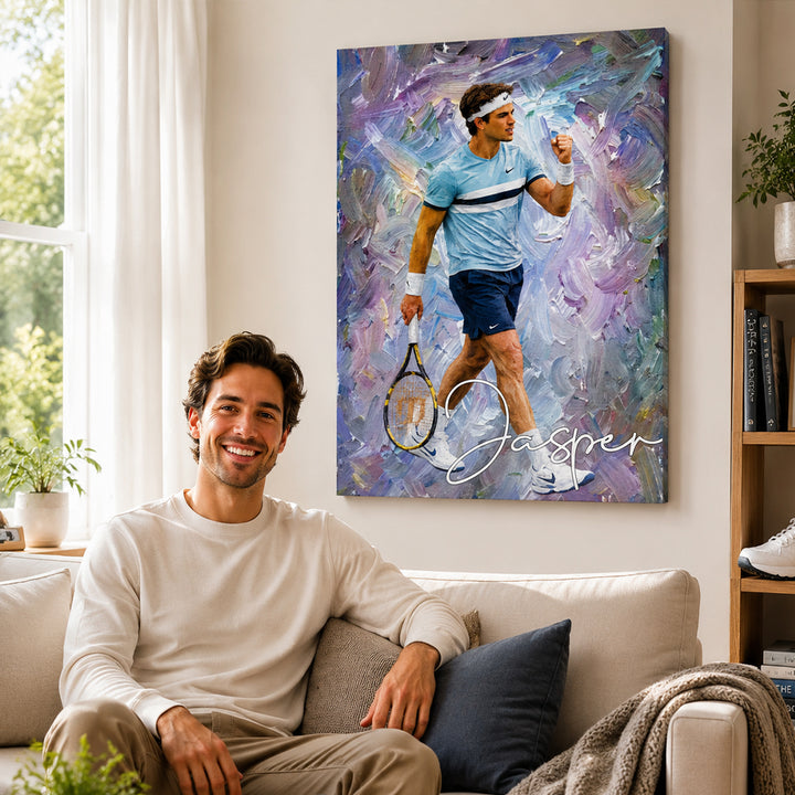 Personalized Sports Moment Oil Painted Canvas Print Custom Photo with Name Athletic Artwork Home Decor Gift for Sports Lovers Birthday Team Keepsake