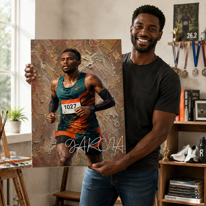 Personalized Sports Moment Oil Painted Canvas Print Custom Photo with Name Athletic Artwork Home Decor Gift for Sports Lovers Birthday Team Keepsake