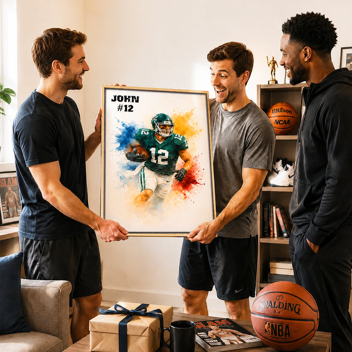Personalized Sports Photo Canvas Wall Art Custom Watercolor Splatter Player Print with Text Gift for Sports Fans