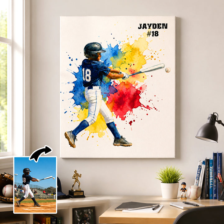 Personalized Sports Photo Canvas Wall Art Custom Watercolor Splatter Player Print with Text Gift for Sports Fans