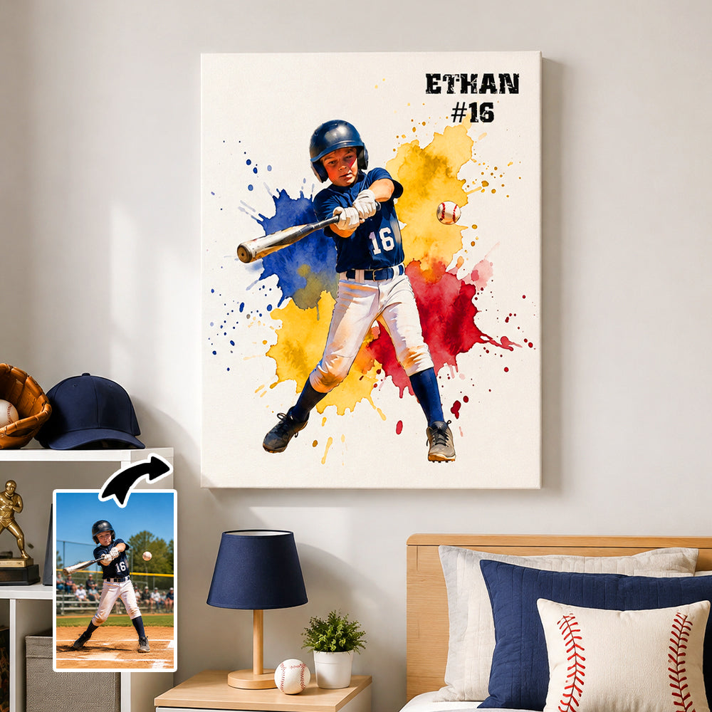 Personalized Sports Photo Canvas Wall Art Custom Watercolor Splatter Player Print with Text Gift for Sports Fans