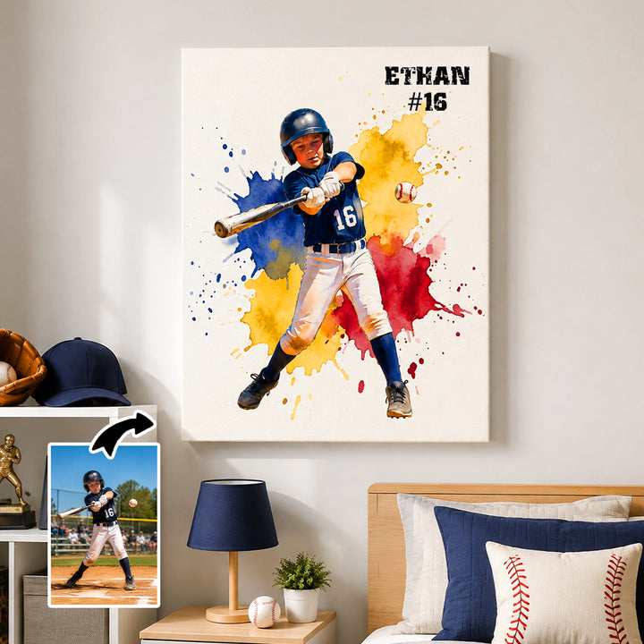 Personalized Sports Photo Canvas Wall Art Custom Watercolor Splatter Player Print with Text Gift for Sports Fans