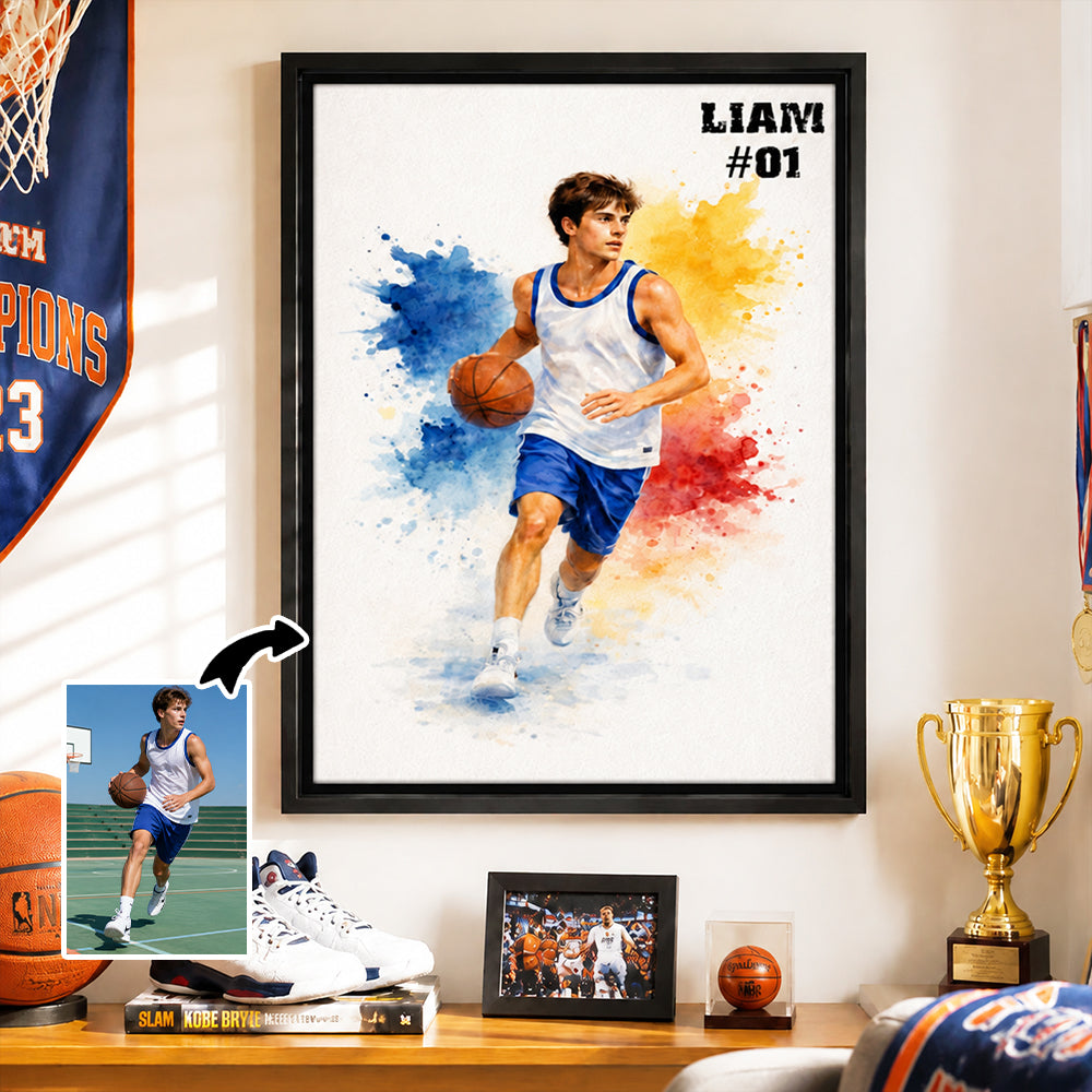 Personalized Sports Photo Canvas Wall Art Custom Watercolor Splatter Player Print with Text Gift for Sports Fans