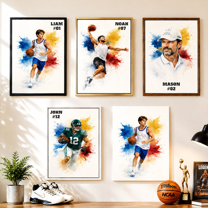 Personalized Sports Photo Canvas Wall Art Custom Watercolor Splatter Player Print with Text Gift for Sports Fans