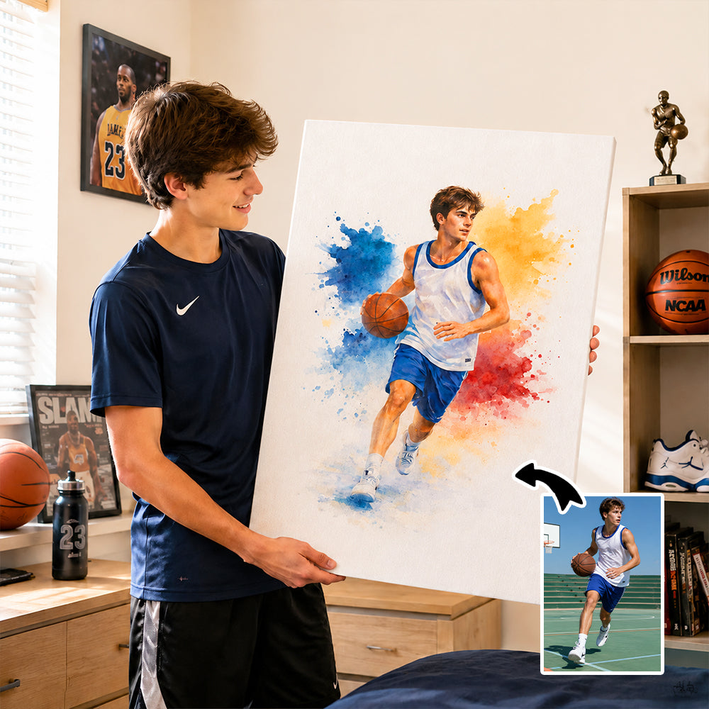 Personalized Sports Photo Canvas Wall Art Custom Watercolor Splatter Player Print with Text Gift for Sports Fans