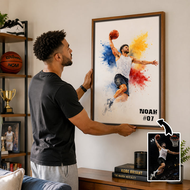 Personalized Sports Photo Canvas Wall Art Custom Watercolor Splatter Player Print with Text Gift for Sports Fans