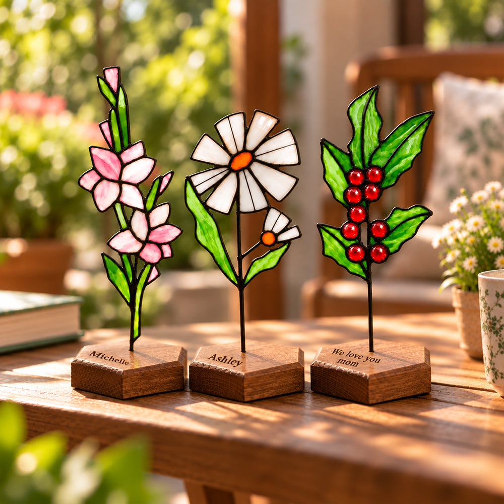 Personalized Stained Glass Birth Flower Plant Stake with Name Handmade Garden Decor Mother’s Day Gift for Mom Grandma Plant Lovers