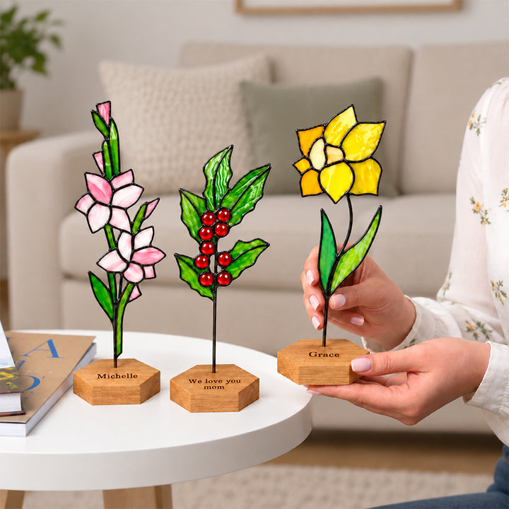 Personalized Stained Glass Birth Flower Plant Stake with Name Handmade Garden Decor Mother’s Day Gift for Mom Grandma Plant Lovers