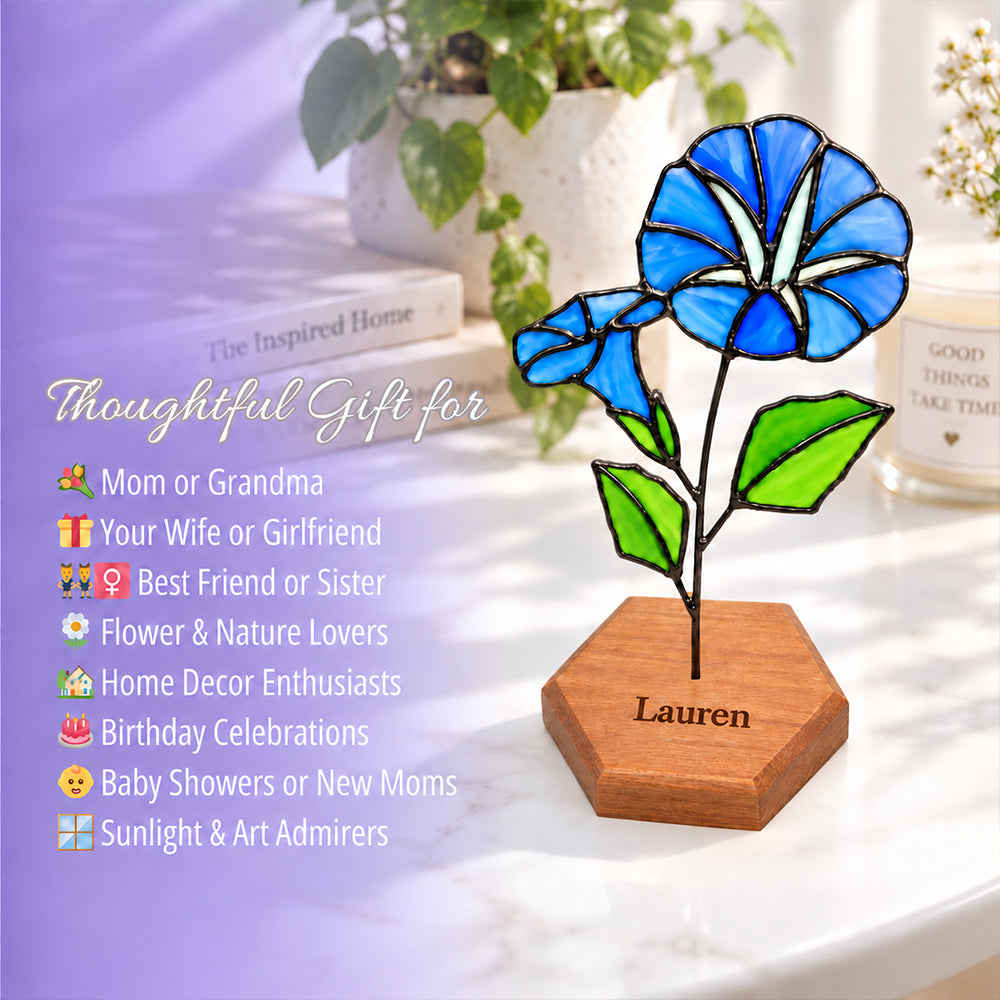 Personalized Stained Glass Birth Flower Plant Stake with Name Handmade Garden Decor Mother’s Day Gift for Mom Grandma Plant Lovers