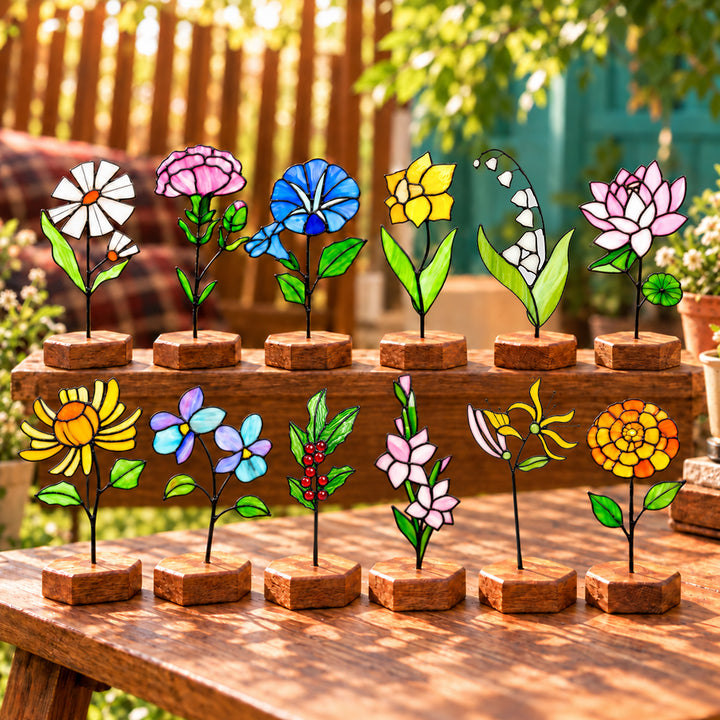 Personalized Stained Glass Birth Flower Plant Stake with Name Handmade Garden Decor Mother’s Day Gift for Mom Grandma Plant Lovers
