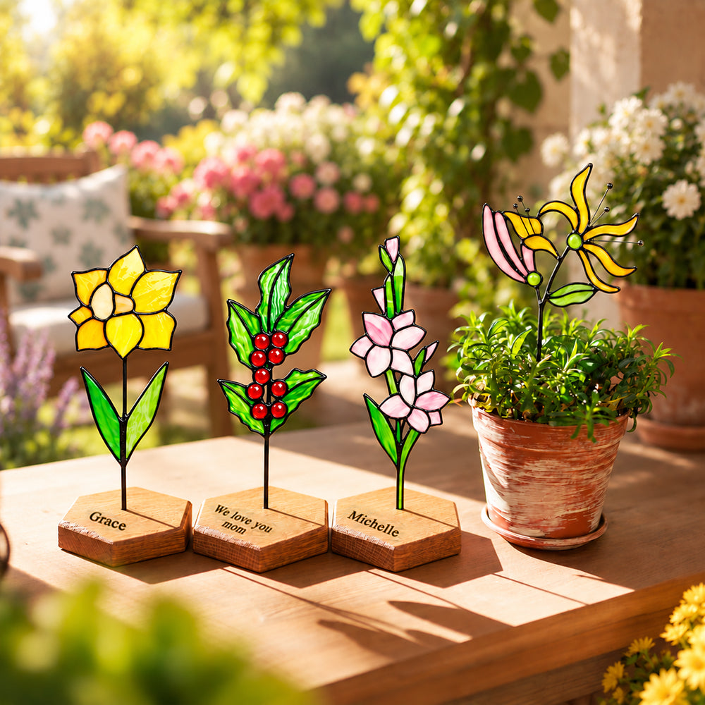 Personalized Stained Glass Birth Flower Plant Stake with Name Handmade Garden Decor Mother’s Day Gift for Mom Grandma Plant Lovers