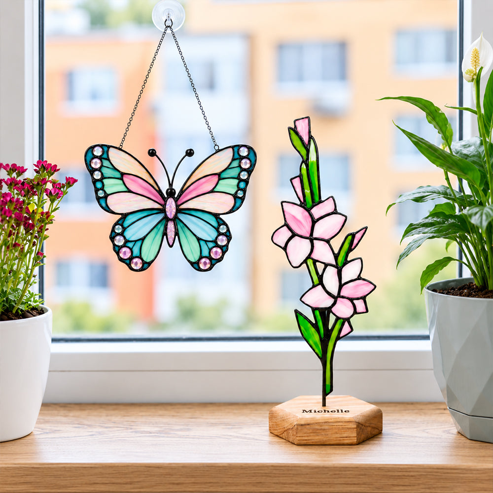 Personalized Stained Glass Birth Flower Plant Stake with Name Handmade Garden Decor Mother’s Day Gift for Mom Grandma Plant Lovers