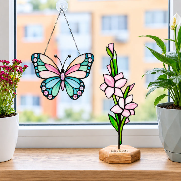 Personalized Stained Glass Birth Flower Plant Stake with Name Handmade Garden Decor Mother’s Day Gift for Mom Grandma Plant Lovers