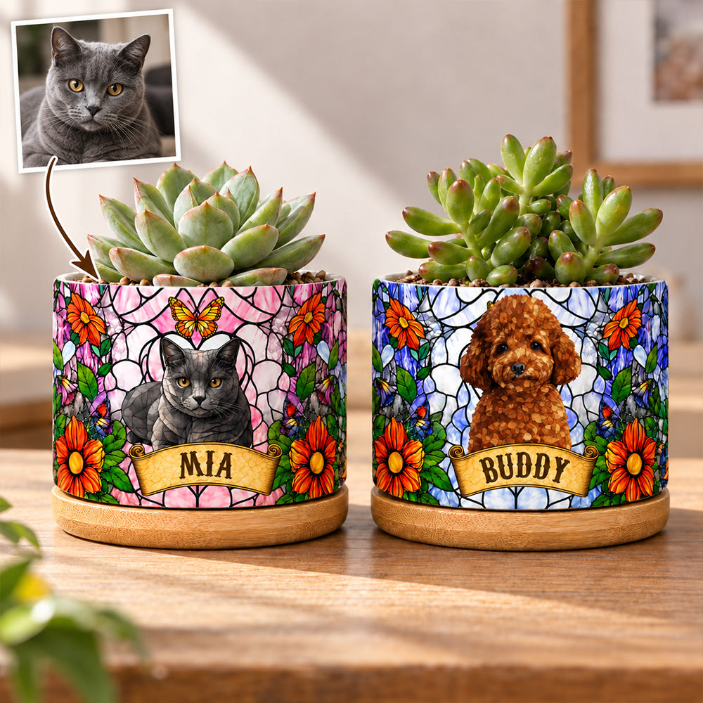 Personalized Stained Glass Style Pet Portrait Plant Pot Custom Memorial Gift for Dog and Cat Lovers