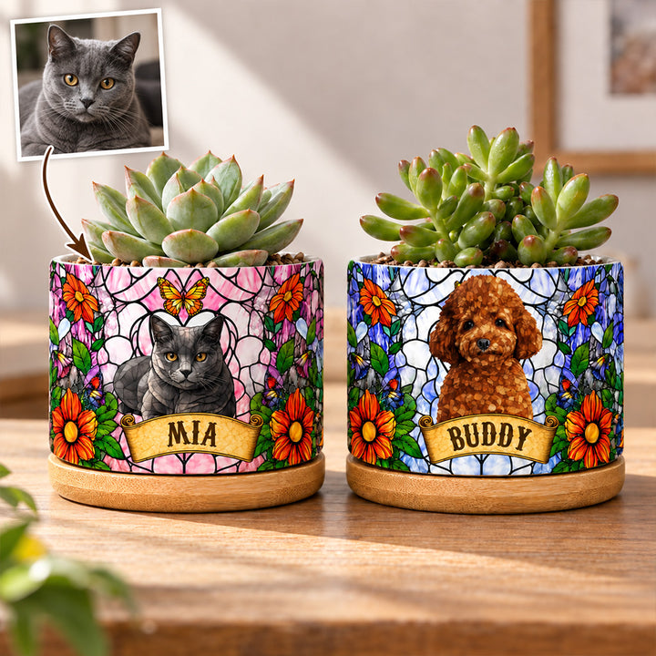 Personalized Stained Glass Style Pet Portrait Plant Pot Custom Memorial Gift for Dog and Cat Lovers