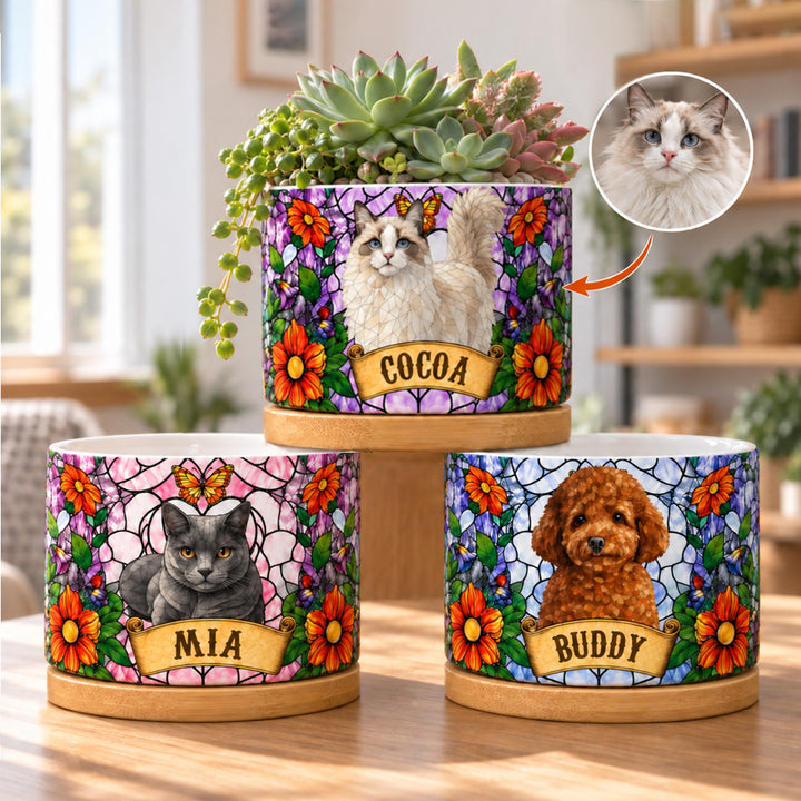 Personalized Stained Glass Style Pet Portrait Plant Pot Custom Memorial Gift for Dog and Cat Lovers