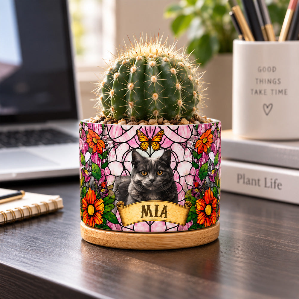 Personalized Stained Glass Style Pet Portrait Plant Pot Custom Memorial Gift for Dog and Cat Lovers