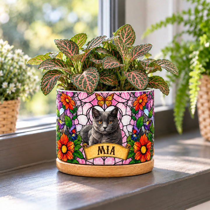 Personalized Stained Glass Style Pet Portrait Plant Pot Custom Memorial Gift for Dog and Cat Lovers