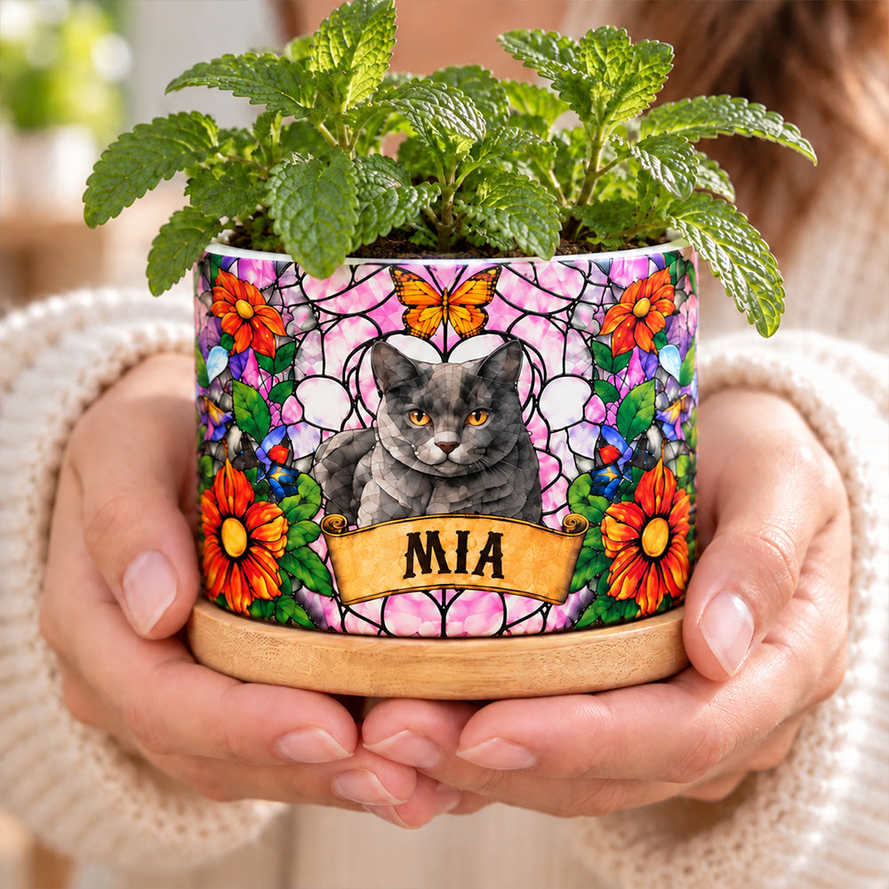 Personalized Stained Glass Style Pet Portrait Plant Pot Custom Memorial Gift for Dog and Cat Lovers