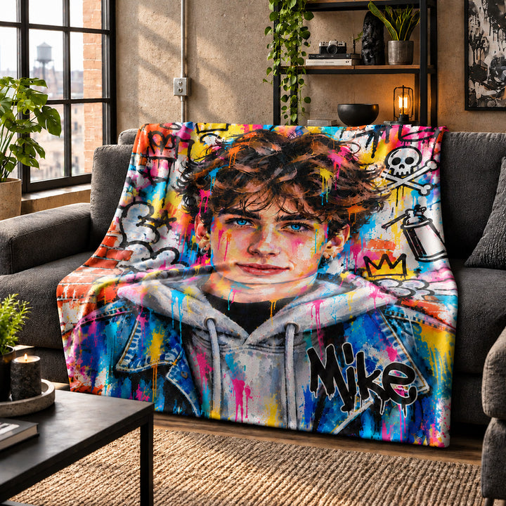 Personalized Street Graffiti Ink Splatter Photo Throw Blanket Custom Portrait with Name Soft Cozy Birthday Christmas Gift for Family and Friends