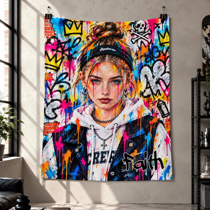 Personalized Street Graffiti Ink Splatter Photo Throw Blanket Custom Portrait with Name Soft Cozy Birthday Christmas Gift for Family and Friends