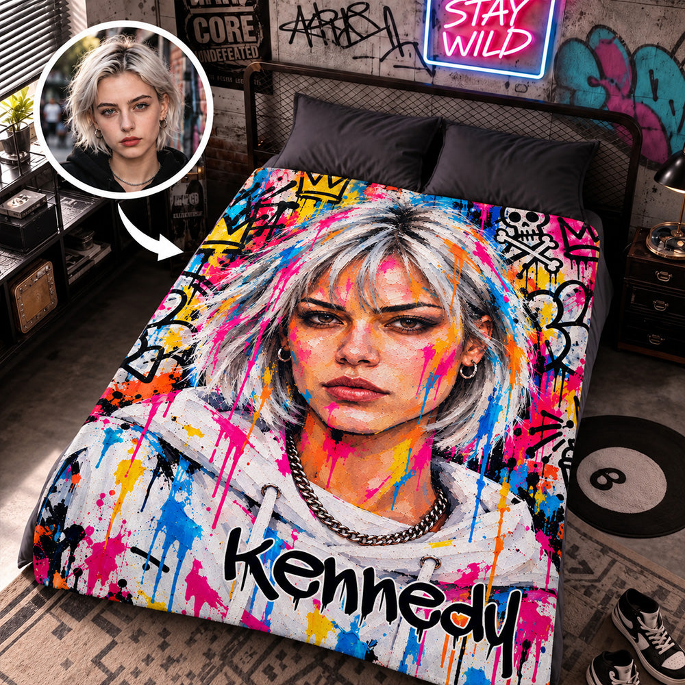 Personalized Street Graffiti Ink Splatter Photo Throw Blanket Custom Portrait with Name Soft Cozy Birthday Christmas Gift for Family and Friends