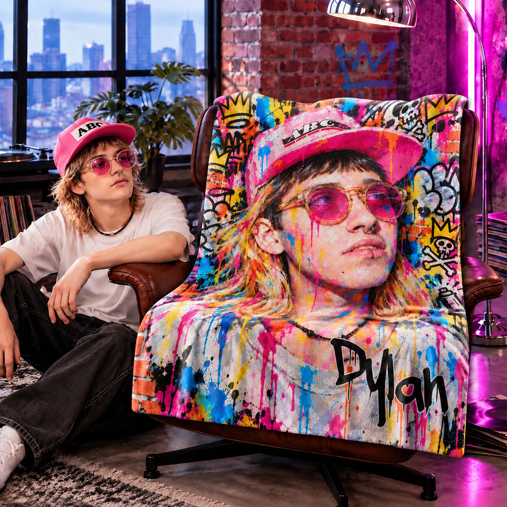 Personalized Street Graffiti Ink Splatter Photo Throw Blanket Custom Portrait with Name Soft Cozy Birthday Christmas Gift for Family and Friends